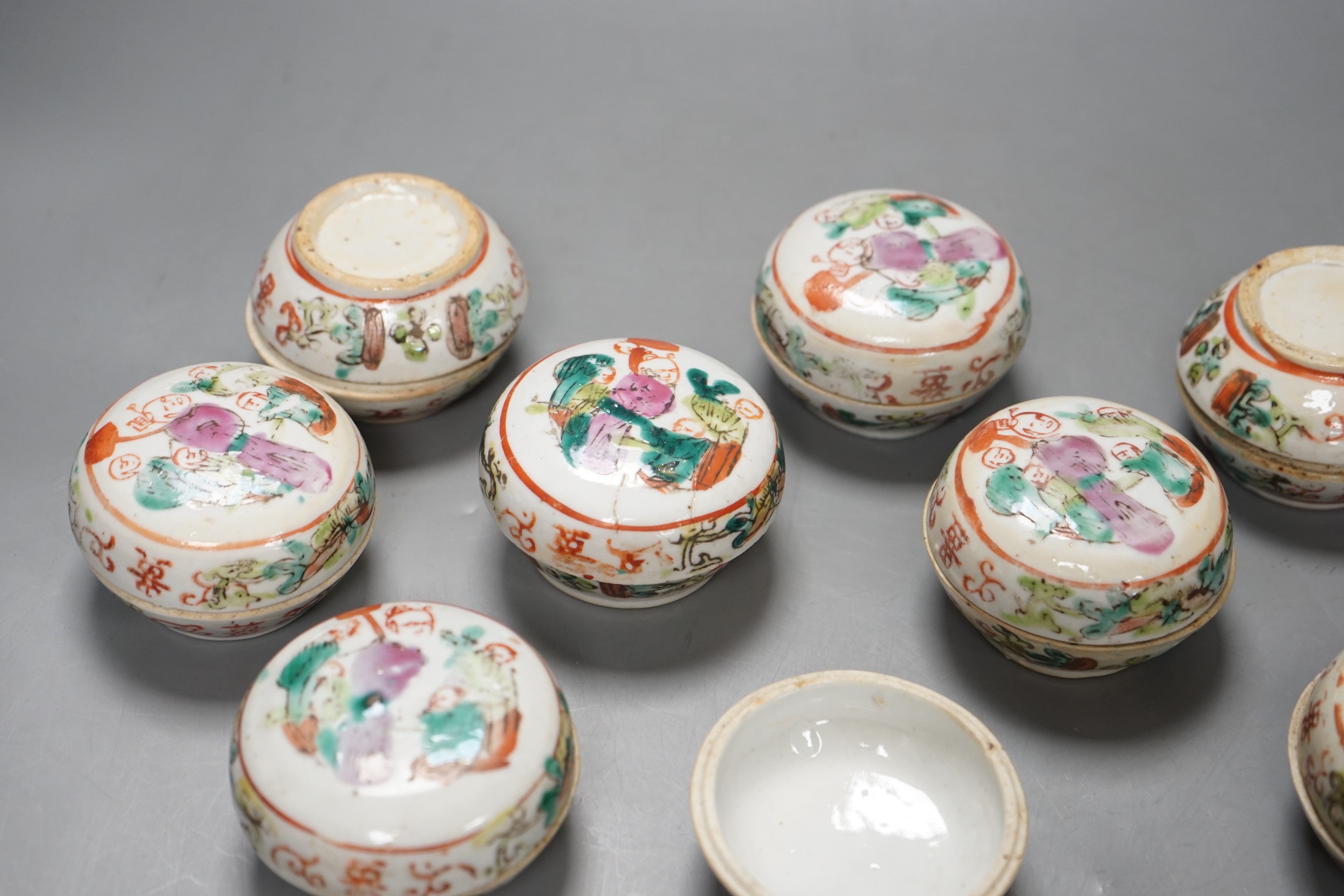 Six Chinese famille rose boxes and covers, 5 similar bases and various stands, early 20th century